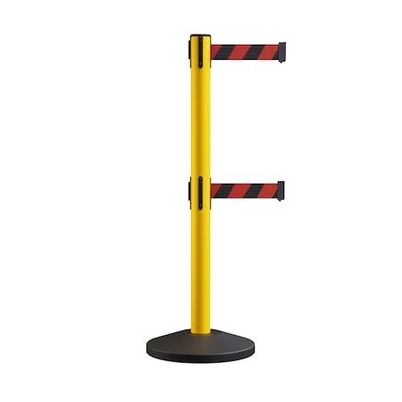 Retractable Dbl Belt Rolling Stanchion, 2.5in YW Post  7.5'Blk/Rd Belt